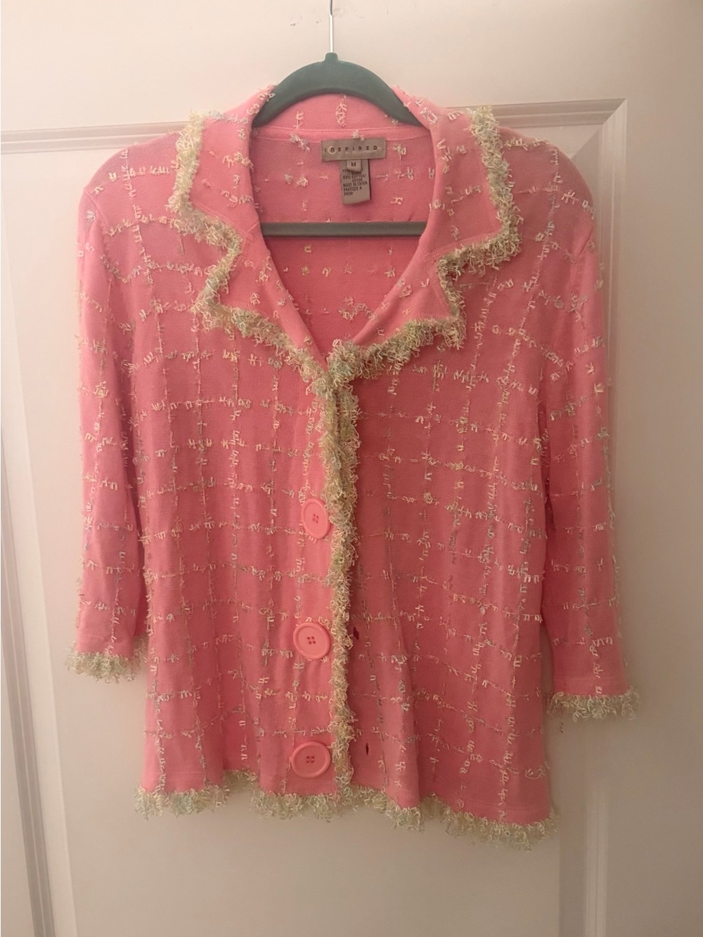 Pink Fringe-Trim Button Cardigan Sweater